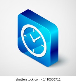 Isometric Clock icon isolated on white background. Blue square button. Vector Illustration