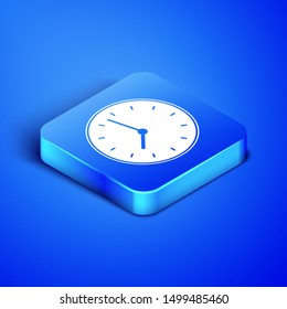 Isometric Clock icon isolated on blue background. Time symbol. Blue square button. Vector Illustration