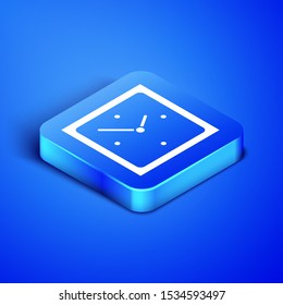 Isometric Clock icon isolated on blue background. Time symbol. Blue square button. Vector Illustration
