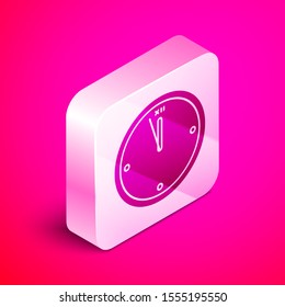 Isometric Clock icon isolated on pink background. Time symbol. Merry Christmas and Happy New Year. Silver square button. Vector Illustration