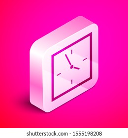 Isometric Clock icon isolated on pink background. Time symbol. Silver square button. Vector Illustration