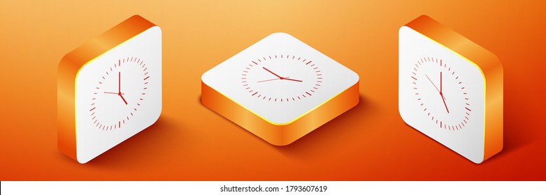Isometric Clock icon isolated on orange background. Time icon. Orange square button. Vector.