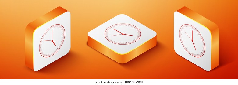 Isometric Clock icon isolated on orange background. Time icon. Orange square button. Vector.