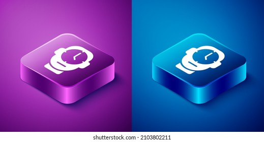 Isometric Clock icon isolated on blue and purple background. Time symbol. Square button. Vector