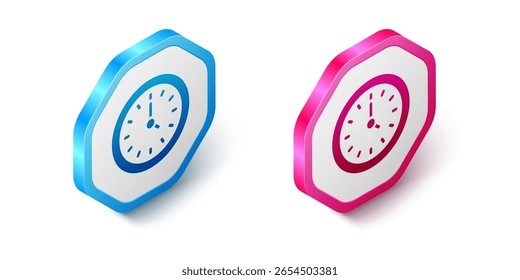 Ícone de Relógio isométrico isolado no fundo branco. Símbolo de tempo. Botão hexágono. Vetor