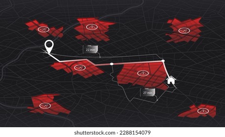 Isometrisches geschlossenes Gebiet, Bezirk, Straße. GPS-Karte Navigation zu eigenen Haus. Detaillierte Sicht auf die Stadt. Dekorative grafische Touristenkarte. Stadtplan für Autobahnen. Zielmarke oder -marke. Großer Stadtblick.