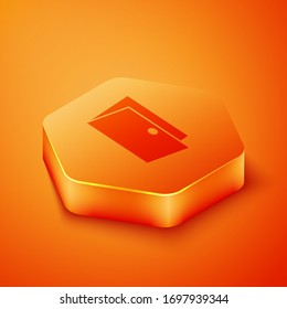 Isometric Closed door icon isolated on orange background. Orange hexagon button. Vector Illustration