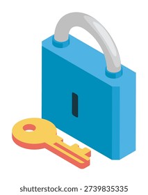 Isometric closed padlock with key. 3D vector isolated on white background. NO AI GEN