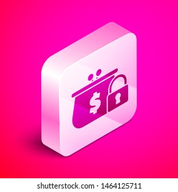 Isometric Closed wallet with lock icon isolated on pink background. Locked wallet. Security, safety, protection concept. Concept of a safe payment. Silver square button. Vector Illustration