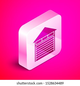 Isometric Closed warehouse icon isolated on pink background. Silver square button. Vector Illustration