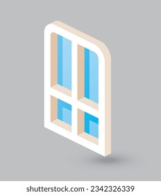 Ventana o puerta isométrica cerrada sobre fondo gris. Ilustración vectorial. Icono o símbolo para web. objeto 3D.