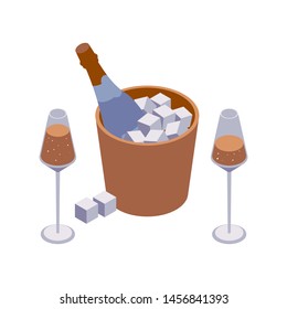 Isometric closeup scene with two wineglasses and sparkle wine bucket with cubes and bubbles isolated on white