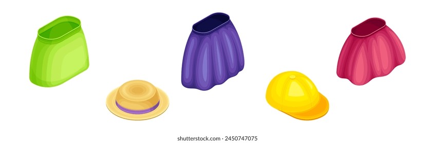 Isometric Clothes and Apparel with Skirt, Hat and Cap Vector Set