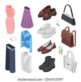 Isometric clothes and shoes. Dress jacket shoes boots bags. Female fashion apparel, male pants, sneakers and jewelry. Stylish store goods, flawless vector set