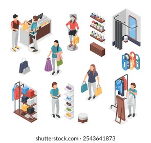 Isometric clothing store elements. Fitting cabin, mannequin, stands with accessories and glasses. Shoppers and sellers, boutique flawless vector set