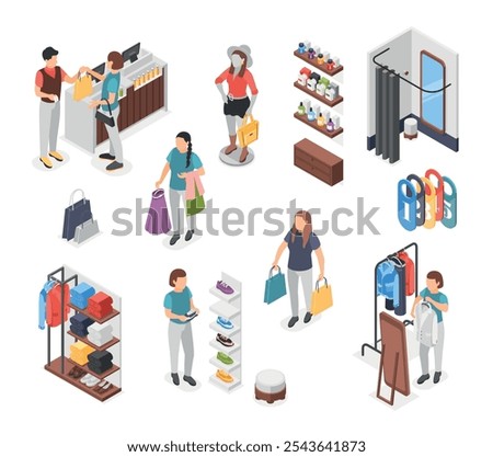Isometric clothing store elements. Fitting cabin, mannequin, stands with accessories and glasses. Shoppers and sellers, boutique flawless vector set