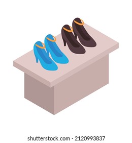 Isometric clothing store shopping composition with isolated image of showcase with high heeled shoes vector illustration