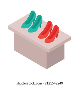 Isometric clothing store shopping composition with isolated image of showcase with high heeled shoes vector illustration