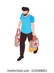 Isometric clothing store shopping composition with isolated character of walking man carrying shopping bags vector illustration