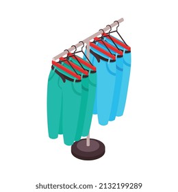 Composición de compra de la tienda de ropa isométrica con pantalones colgados en el soporte del carril ilustración vectorial del soporte del carril