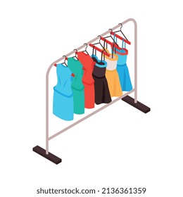 Composición de la tienda de ropa isométrica con colorido vestido colgado en el soporte del carril ilustración vectorial