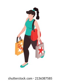 Isometric clothing store shopping composition with isolated character of walking woman carrying shopping bags vector illustration