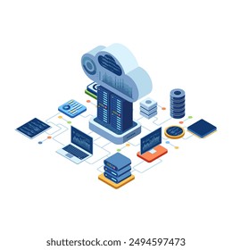 Isometric Cloud Based Solution with Data Center Connectivity and Application. Cloud Based Solution and Cloud Computing Concept