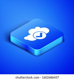 Isometric Cloud with check mark icon isolated on blue background. Cloud storage data protection. Cloud computing. Blue square button. Vector Illustration