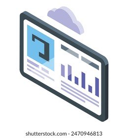 Concepto de computación en nube isométrica con tecnología de tabletas digitales para el análisis de datos. Gráficos. Gráficos. Almacenamiento. Visualización. Infografía. Red moderna. Inteligencia de negocios. Analítica. conectividad