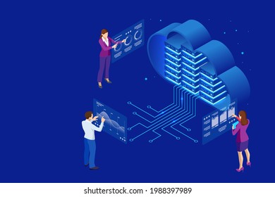 Concepto de computación en nube isométrica representado por un servidor, con un concepto de holograma de representación en la nube. Cloud de centro de datos, conexión de equipo, servidor de hospedaje, tecnología de sincronización de bases de datos