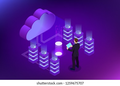 Isometric Cloud Computing concept. Isometric cloud services. Internet technology. Online services. Data, information security. Vector illustration.