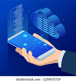Isometric Cloud Computing concept. Isometric cloud services. Mobile app. Internet technology. Online services. Data, information security. Vector illustration.