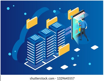 Isometric Cloud Computing concept. Isometric cloud services. Internet technology. Online services. Data, information security. Vector illustration. - Vector