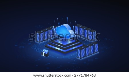 Isometric cloud computing data center with connected servers and engineer monitoring digital infrastructure network.