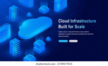 Isometric cloud computing infrastructure with connected servers and digital network grid. Technology background for data center, enterprise systems, and cloud platform solutions.