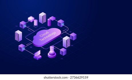 Isometric cloud computing infrastructure with servers, storage and connected nodes for business data, IT systems and digital services.