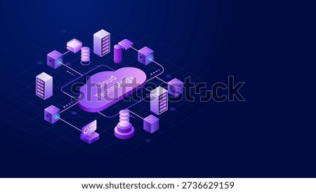 Isometric cloud computing infrastructure with servers, storage and connected nodes for business data, IT systems and digital services.
