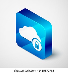 Isometric Cloud computing lock icon isolated on white background. Security, safety, protection concept. Blue square button. Vector Illustration