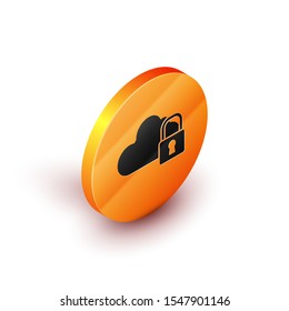 Isometric Cloud computing lock icon isolated on white background. Security, safety, protection concept. Protection of personal data. Orange circle button. Vector Illustration