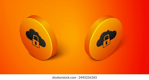 Isometric Cloud computing lock icon isolated on orange background. Security, safety, protection concept. Protection of personal data. Orange circle button. Vector