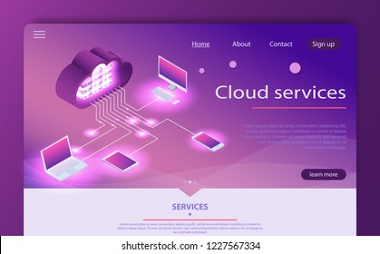 Isometric cloud computing services concept. Concepts Cloud storage. Concept of  big data processing center, cloud database. Internet datacenter connection, administrator of web hosting concept.