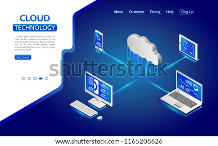 Isometric cloud computing services concept. Illustration cloud security system with computer, laptop, tablet and smartphone. 3d remote data storage