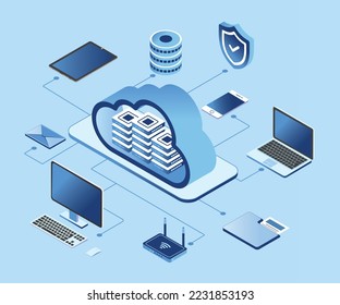 Tecnología de almacenamiento de información en nube isométrica e ilustración vectorial de redes. Portátil de comunicación, escritorio, teléfono, enrutador de seguridad, correo electrónico, carpeta y datos.