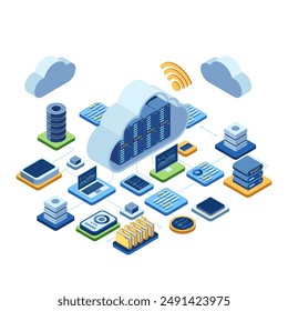 Isometric Cloud Computing Technology with Data Network. Cloud Computing and Cloud Based Solution Concept