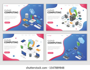 Isometric cloud computing technology landing web page templates. Computer, laptop, smartphone, database and router isometric icons. Security cloud storage server. isolated vector illustration