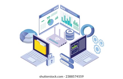Isometric Cloud computing technology, online digital data analysis.on white background.3D design.isometric vector design Illustration.