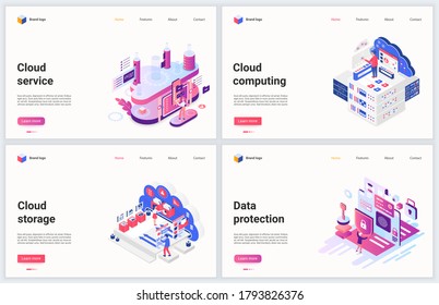 Isometric cloud data storage technology vector illustration. Creative concept banner set, interface website design with cartoon 3d modern database service for storing and uploading file information