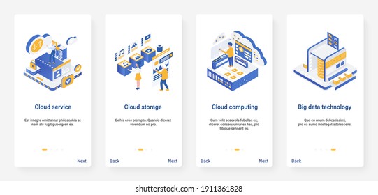 Isometric cloud data storage technology vector illustration. UX, UI onboarding mobile app page screen set with cartoon 3d computing, modern database service for storing, uploading file information