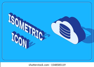Isometric Cloud database icon isolated on blue background. Cloud computing concept. Digital service or app with data transferring.  Vector Illustration