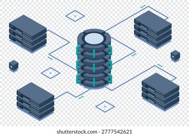 Isometric cloud database. Database with cloud server. Cloud storage. Data transmission technology. Isometric technology